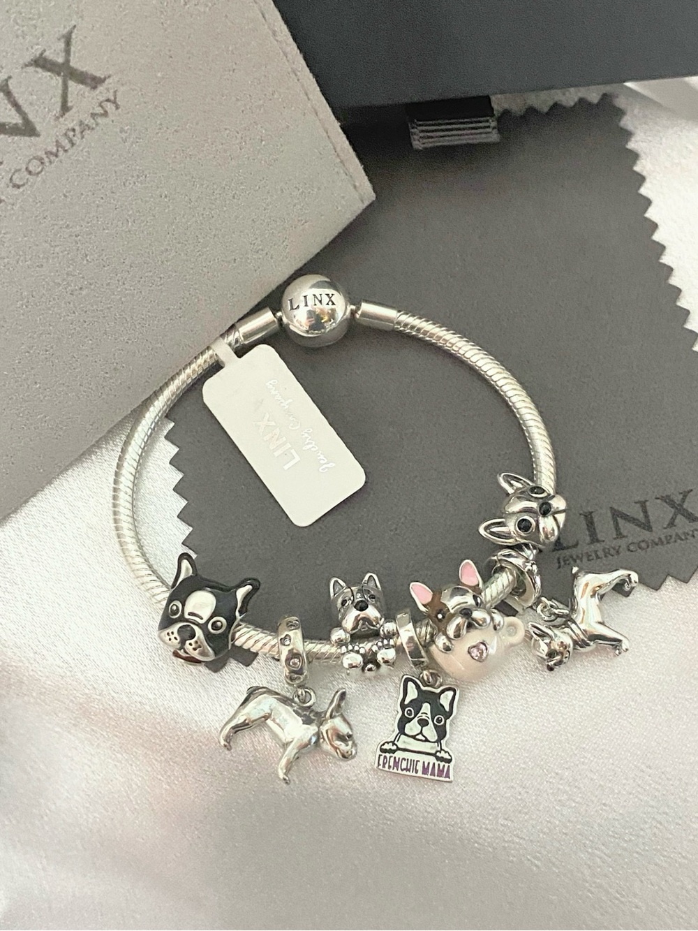 Linx Snake Chain Bracelet with French Bulldog Themed Charms 925 sterling silver